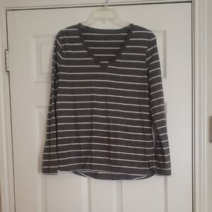 Indigo Olive Green and White Striped Long Sleeve Top